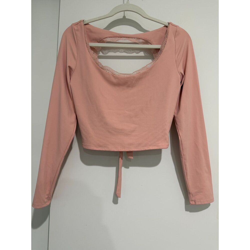 Wild Fable Dusty Pink Lace Trim Open Cutout Tie Back Long Sleeve Crop Top Size M